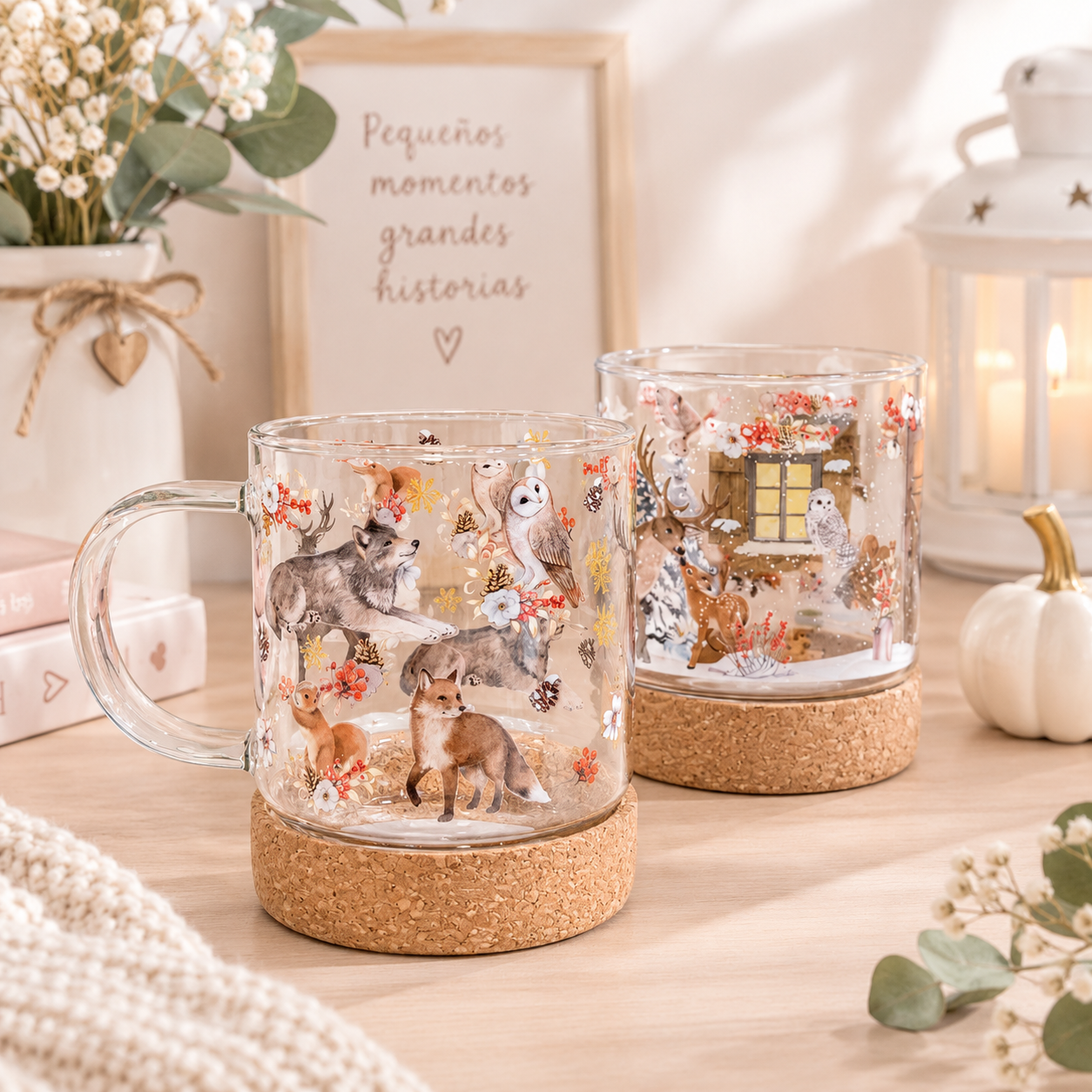 Mini tazas de vidrio y corcho