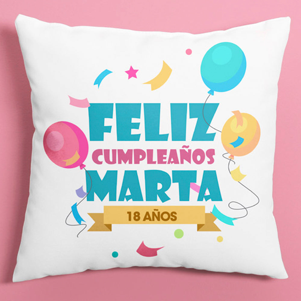 Cojín personalizado Feliz cumple confeti