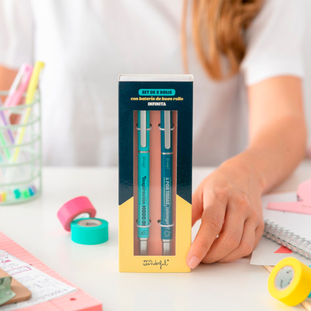 Set de 2 bolis con batería de buen rollo infinita